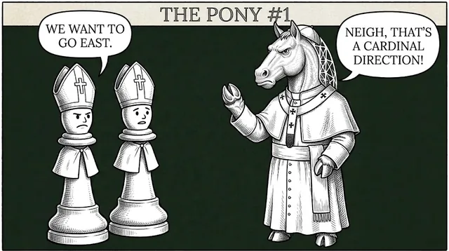 Two bishops say: We want to go east. The Pony, dressed as a cardinal, replies: Neigh, that's a cardinal direction!
