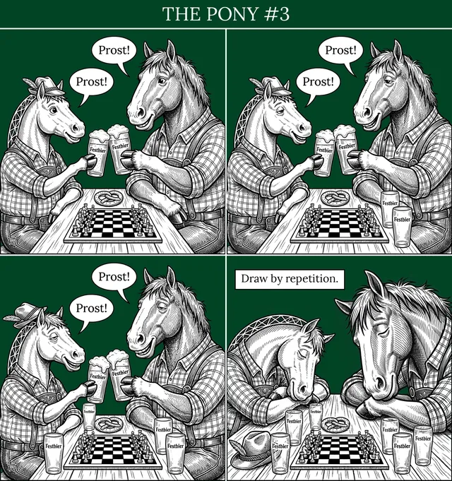 Two horses in Oktoberfest outfits at a chess board clink steins of Festbier and say Prost!, three panels in a row, with more empty glasses each time. In the last panel both are asleep on the table: Draw by repetition.
