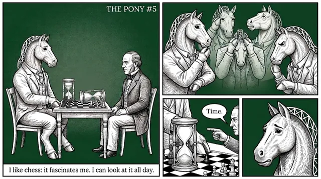 The Pony plays chess against a Victorian gentleman, with sandglasses for clocks. Caption: I like chess: it fascinates me. I can look at it all day. The Pony thinks hard, the gentleman points at the empty sandglass and says Time., and The Pony looks sad.