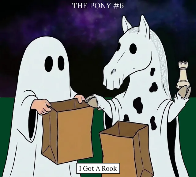 Trick-or-treating at night. A child in a white ghost sheet holds open a paper bag. Beside them, The Pony, also in a ghost sheet with eye holes, holds up a chess rook over his own paper bag. Caption: I Got A Rook.